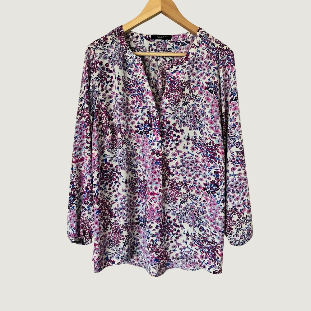 T Tahari Woman Floral Split Neck Blouse Purple Pink Blue Long Sleeve Top